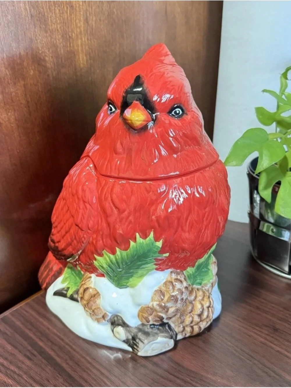 Vintage Hand Painted Mercuries Ceramic Red Cardinal Cookie Jar/Canister